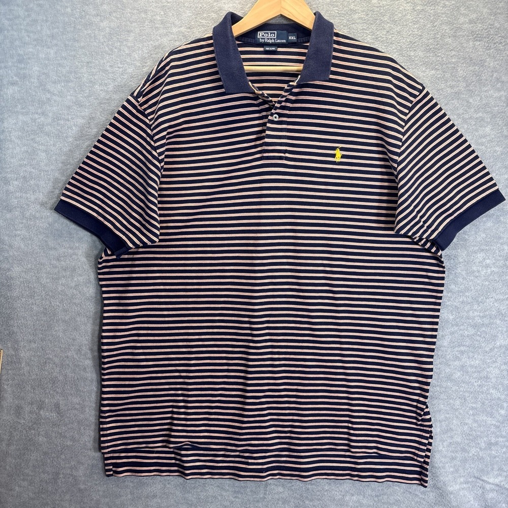 Polo Ralph Lauren Shirt Striped Navy Yellow 2XL Short Sleeve 100% Cotton Retro